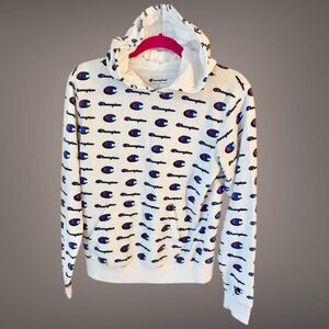 Logo Print Hoodie Champion Womens Size XL All Over Print Streetwear Y2K Festival